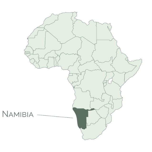 Geografische positie van Namibië in Afrika.