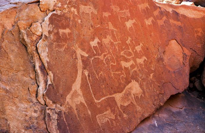 Rotstekeningen van duizenden jaren oud in Damaraland.
