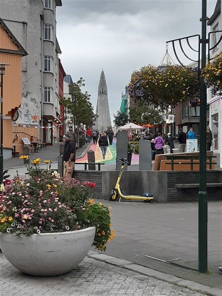 Blik over de Kaupavegur, de hoofdstraat van Reykjavik waar je restaurants en leuke winkeltjes kan vinden.