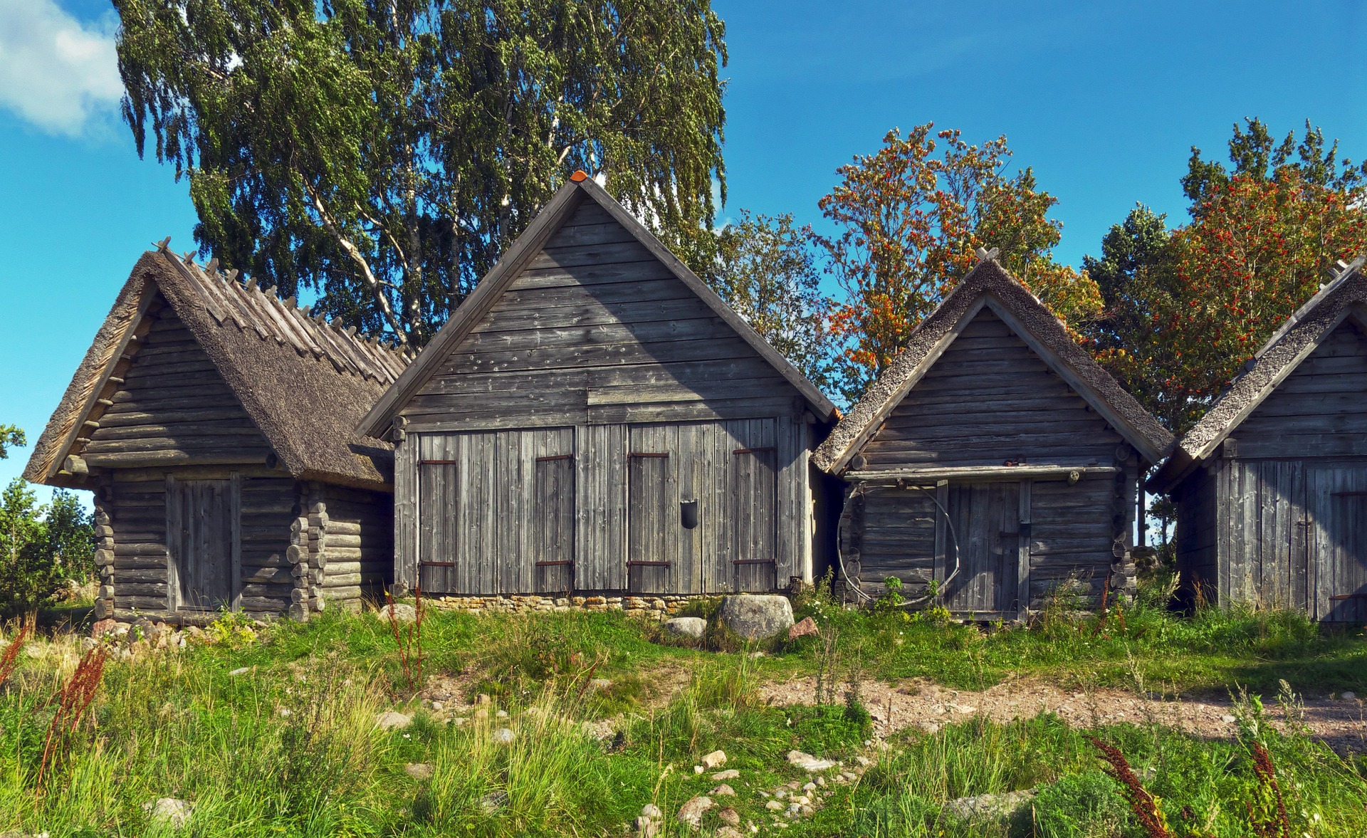 a group of wooden buildings in a grassy area