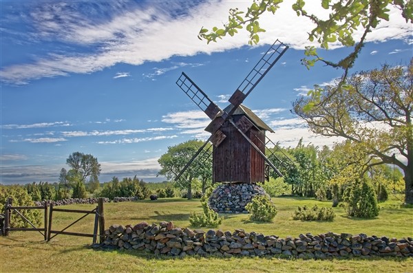 Een karakteristieke windmolen in een vlak landschap met bomen en een muurtje